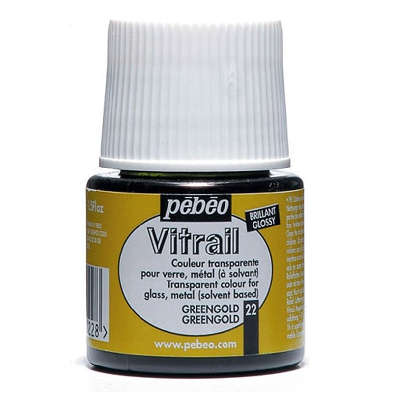 PINTURA PARA VIDRIO PEBEO VITRAIL TRANSPARENTE 45 ML NUM 22 VERDE DORADO COD 050022