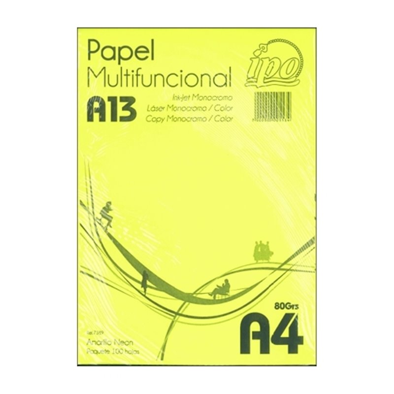 PAPEL DE COLOR IPO NUM A13 AMARILLO NEON A4 80 G PAQUETE 100 HOJAS