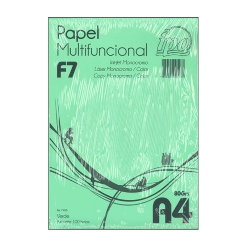 PAPEL DE COLOR IPO NUM F7 VERDE A4 80 G PAQUETE 100 HOJAS