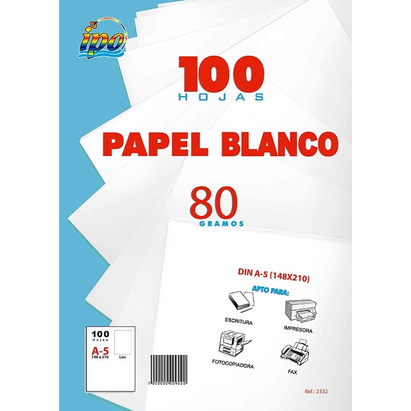 PAPEL BLANCO IPO A5 80 GRS PAQUETE 100 HOJAS