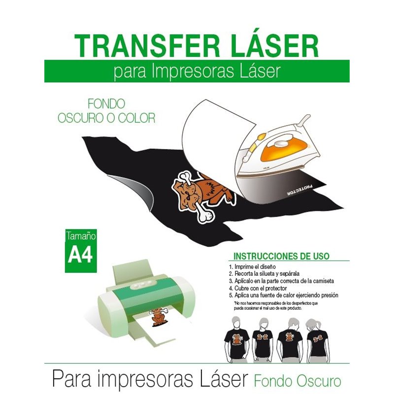 TRANSFER PARA LASER A4 FONDO OSCURO O COLOR 1 UD COD PTP993